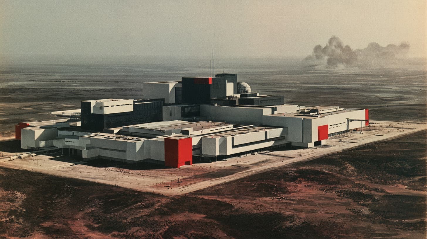 Aerial view of a white and red research campus on bare ground