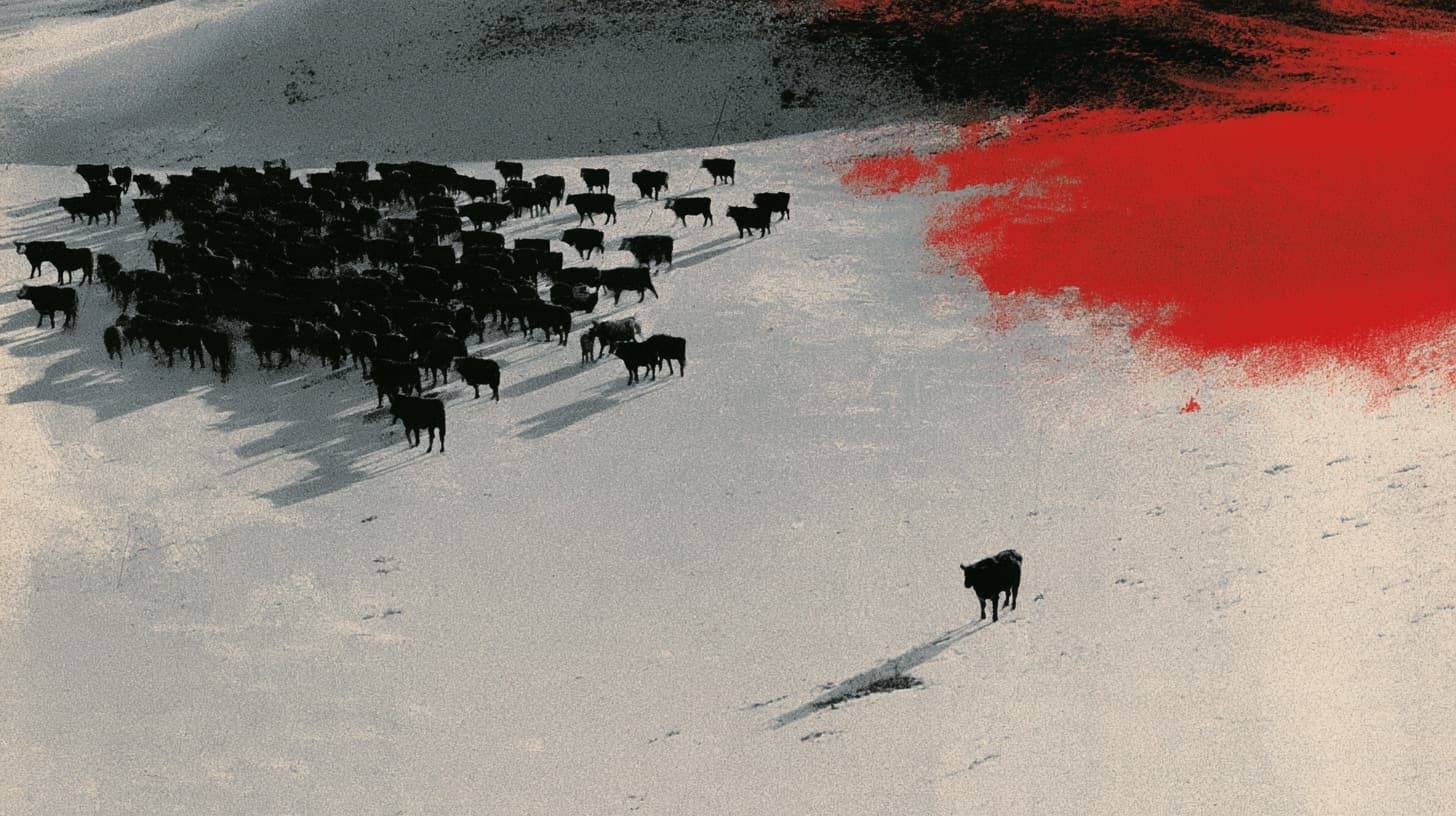 A herd of cattle on snow, one animal apart
