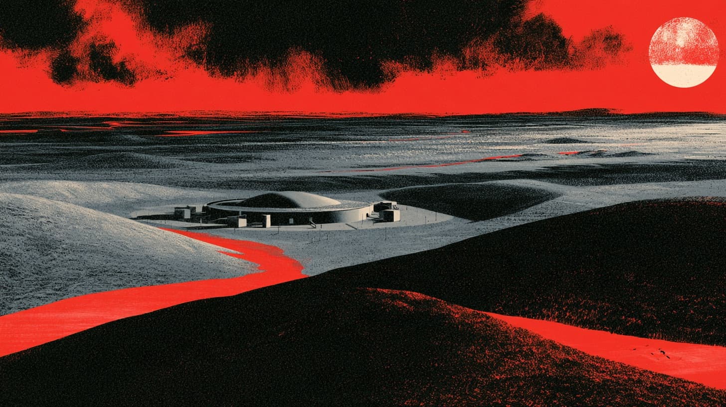 A missile installation under a red sky