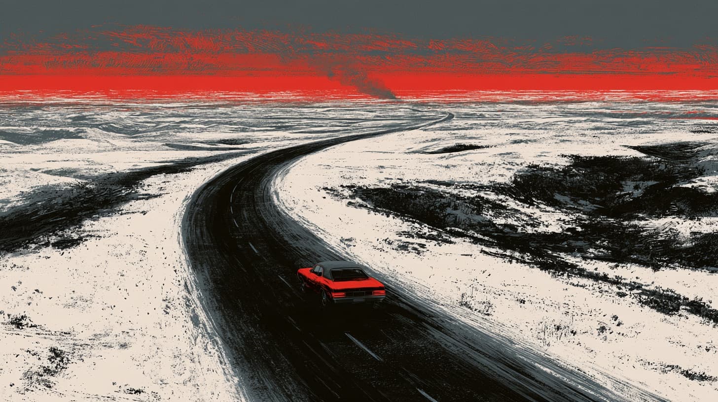 A red car on a black road across snowy plains